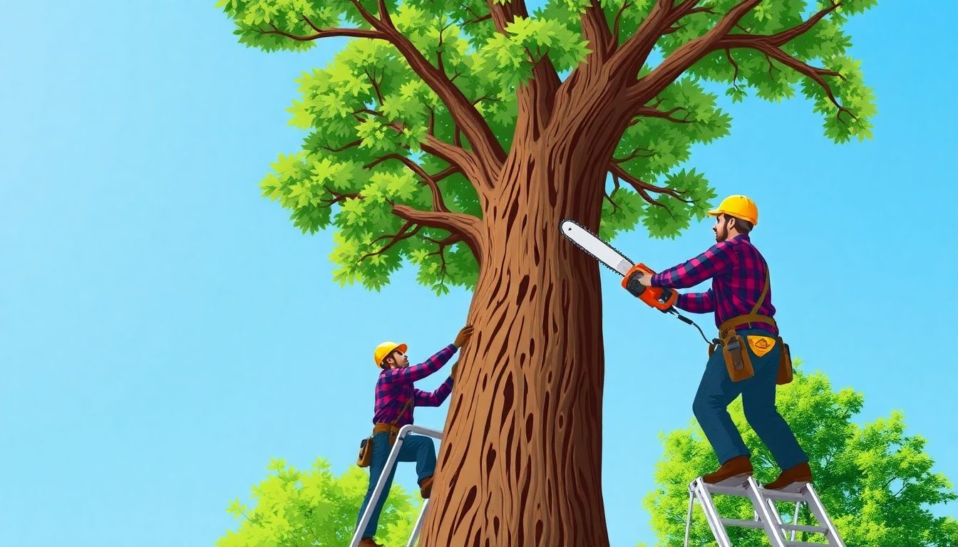 Tree surgeon performing crown reduction on a tall tree.