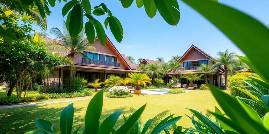 Modern Thai property with lush greenery and blue skies.