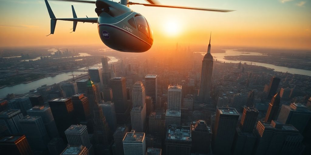 A helicopter flying over the New York City skyline.