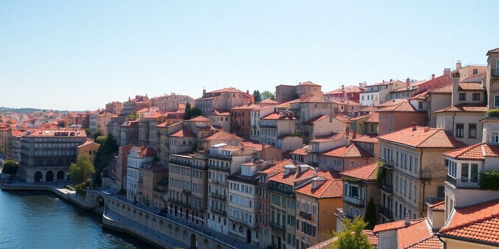 Colorful buildings cascading down a hill.
