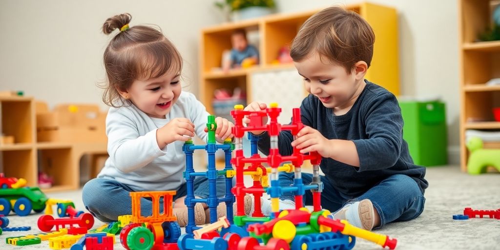 Zwei Kleinkinder spielen zusammen mit buntem Konstruktionsspielzeug.