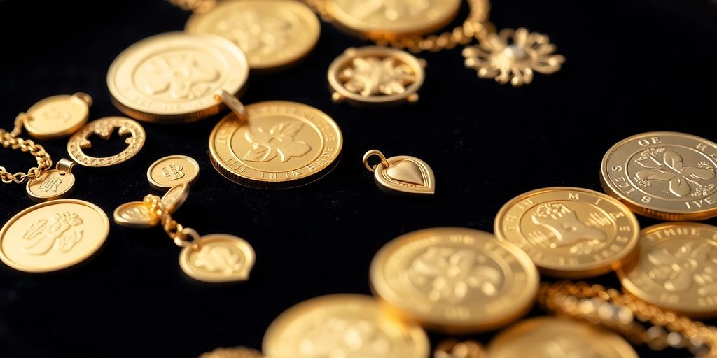 Photographie de pièces et bijoux en or sur velours.