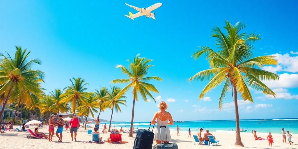 Strand mit Urlaubern und Flugzeug im blauen Himmel.