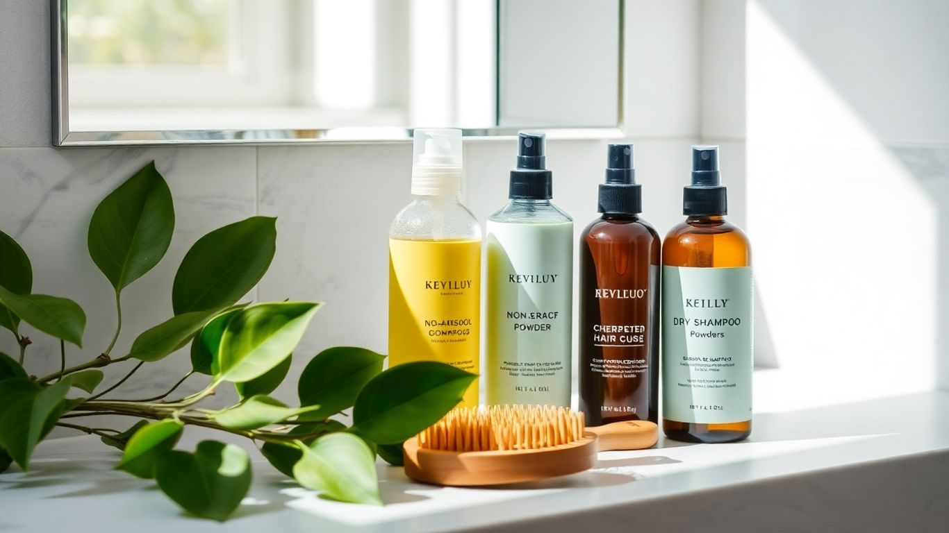Eco-friendly non-aerosol dry shampoo with green leaves