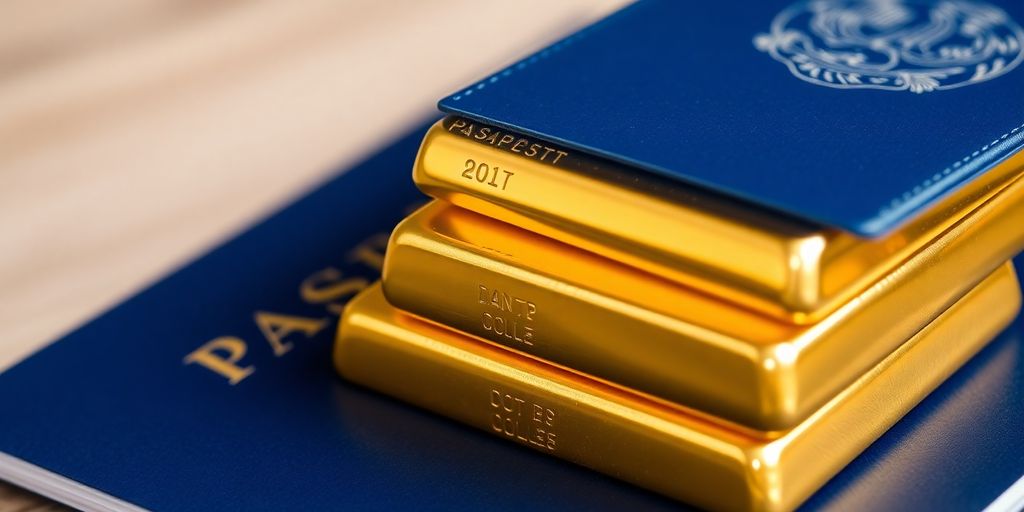 Lingots d'or et passeport sur une table.