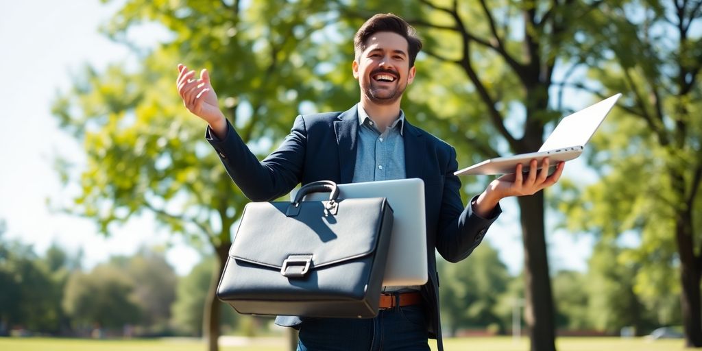 Person juggling work items and family, smiling outdoors.