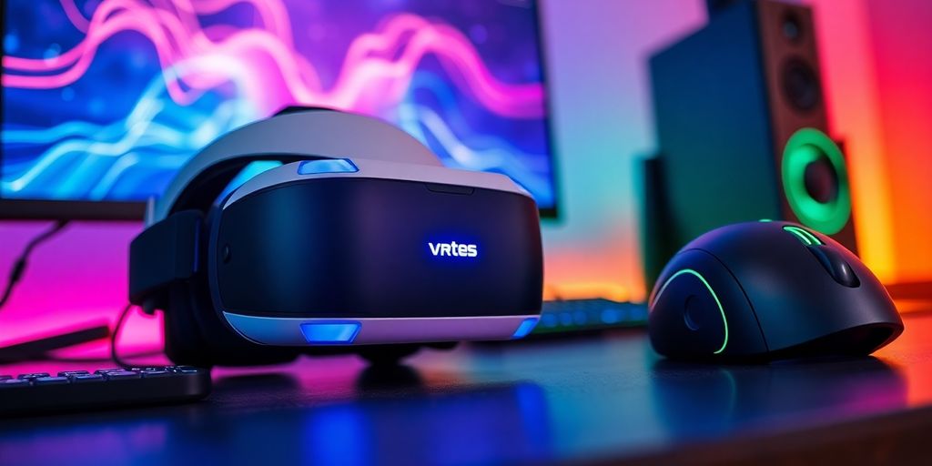 Latest gaming gadgets on a vibrant gaming desk.