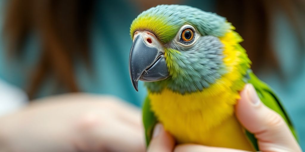 A close-up of a healthy parrot at an avian vet.
