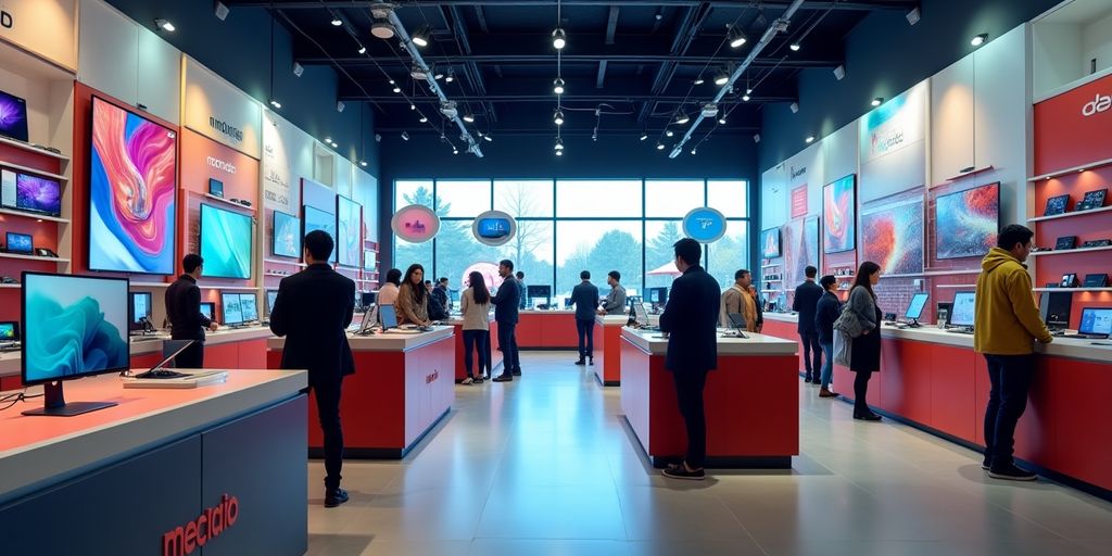 Elektonikgeschäft mit Kunden und moderner Produktpräsentation.