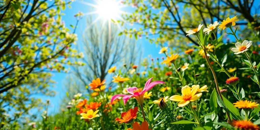 Ein lebendiger Frühlingsgarten mit bunten Blumen.