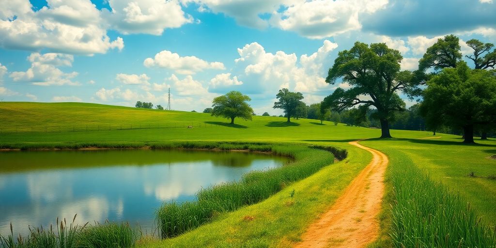 Arkansas pond beside green pasture with oak trees at sunrise