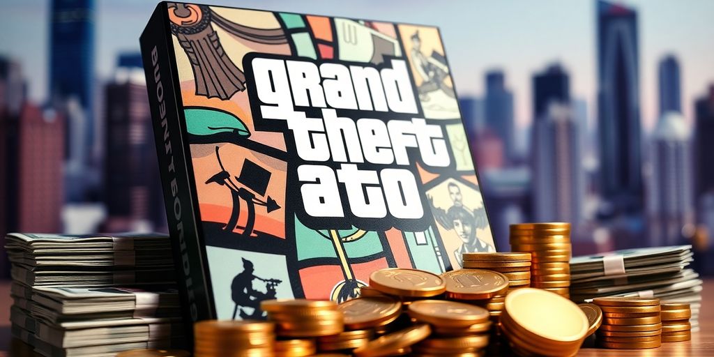 GTA 6 game box with cash and city skyline background.