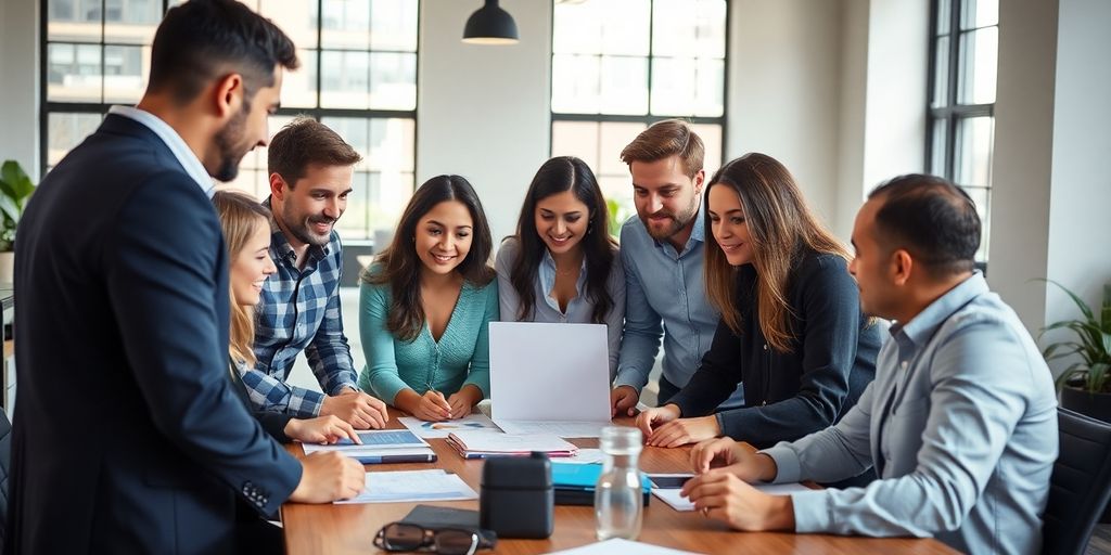 Collaborative team working together in a vibrant office.
