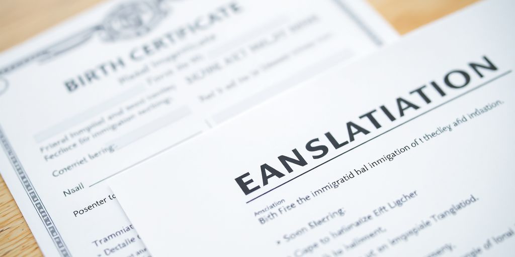 Birth certificate and translation document on a table.