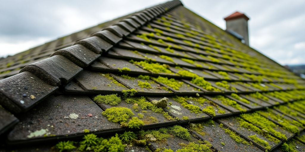 Weathered roof with moss, indicative of potential damage.