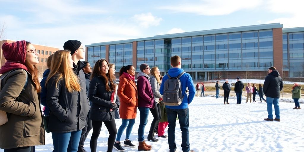 Prospective students smiling on the snowy UAF campus.