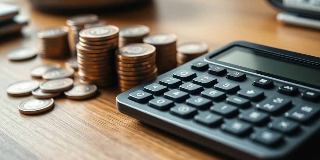 Calculator and coins on a wooden desk.