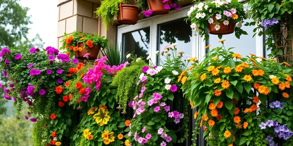 Grüner Balkon mit blühenden Pflanzen und hängenden Körben.