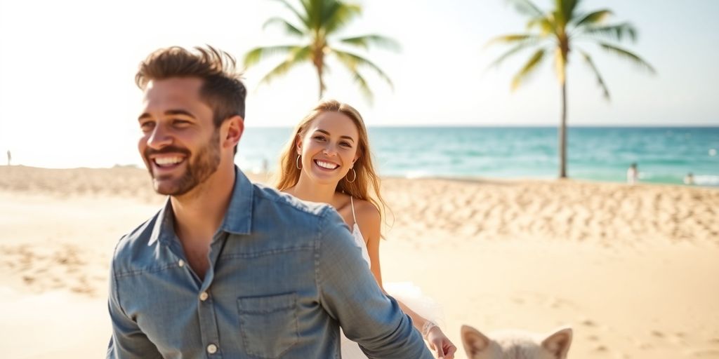 Newlyweds walking hand-in-hand on a scenic Cabo San Lucas beach.