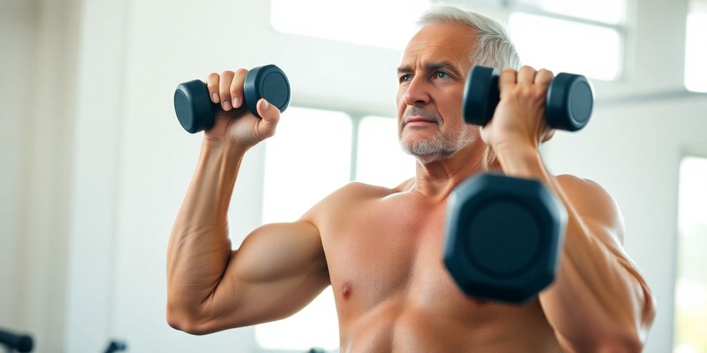 Senior adult lifting weights, smiling camera.