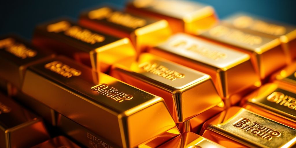Stacked gold bars reflecting light