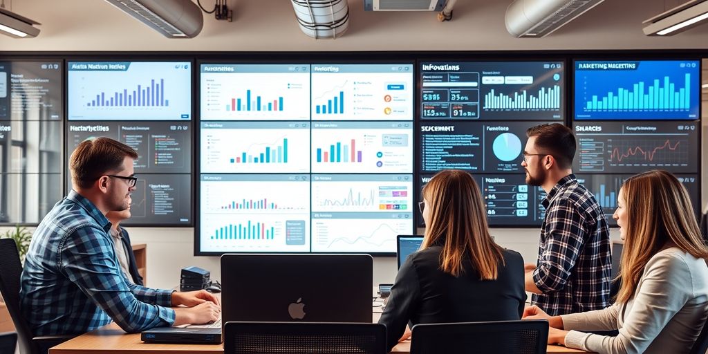 Profissionais de marketing digital colaborando no escritório.