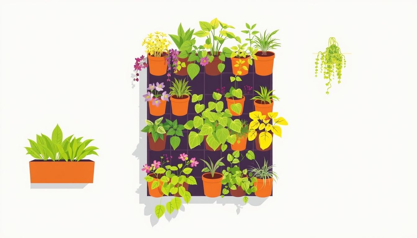 Vertical garden with various plants on a wall