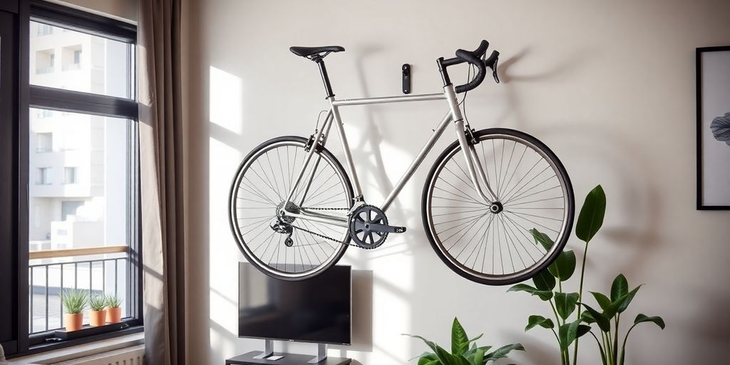 Bicycle mounted on wall with stylish decor in urban setting.