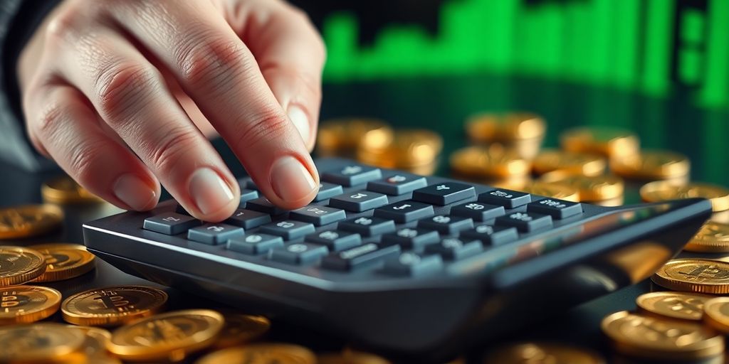 Golden coins, calculator, and strong, happy investor.