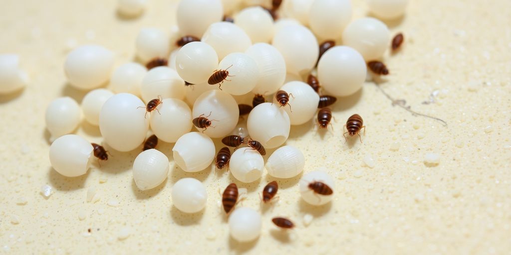 Close-up of bed bug eggs and shells on a surface.