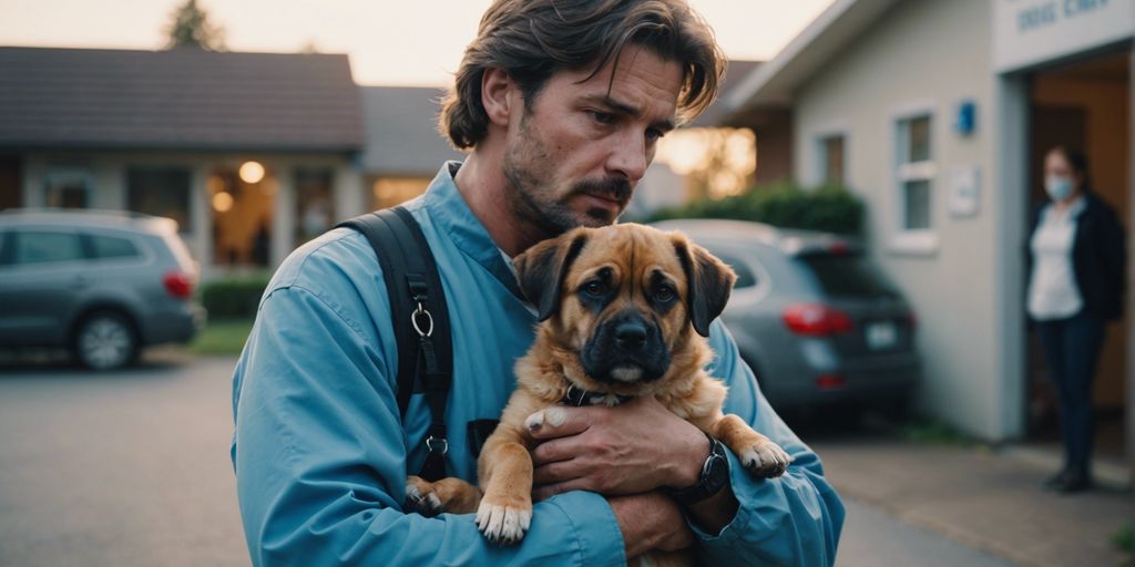 Concerned dog owner holding a sick dog at a veterinary clinic with other worried pet owners in the background.