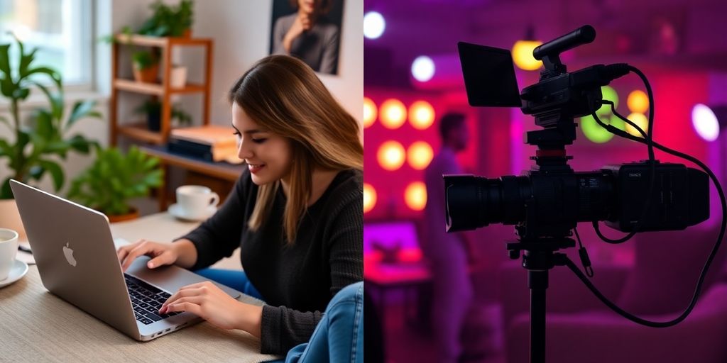 Blogger at laptop and vlogger with camera.
