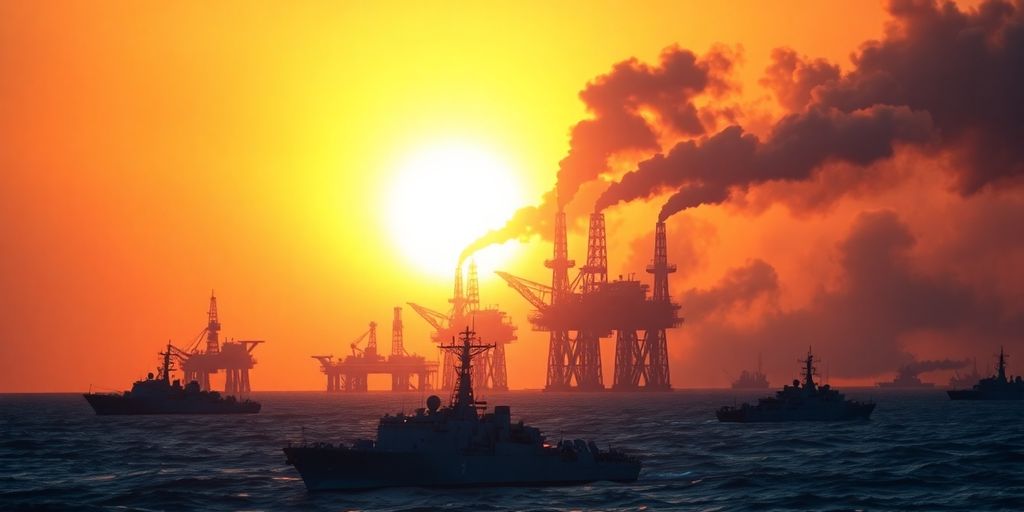 Oil rigs burning, warships patrolling Strait of Hormuz.