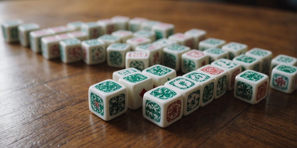 Mahjong tiles forming a winning hand on wooden surface.
