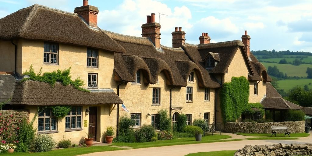 Historic English village with thatched houses and greenery.