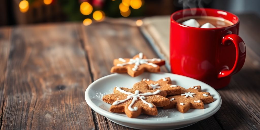 A plate of festive gingerbread cookies and hot chocolate.