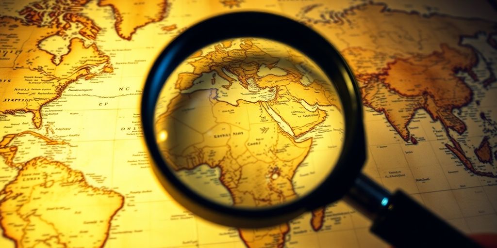 Magnifying glass over ancient map.