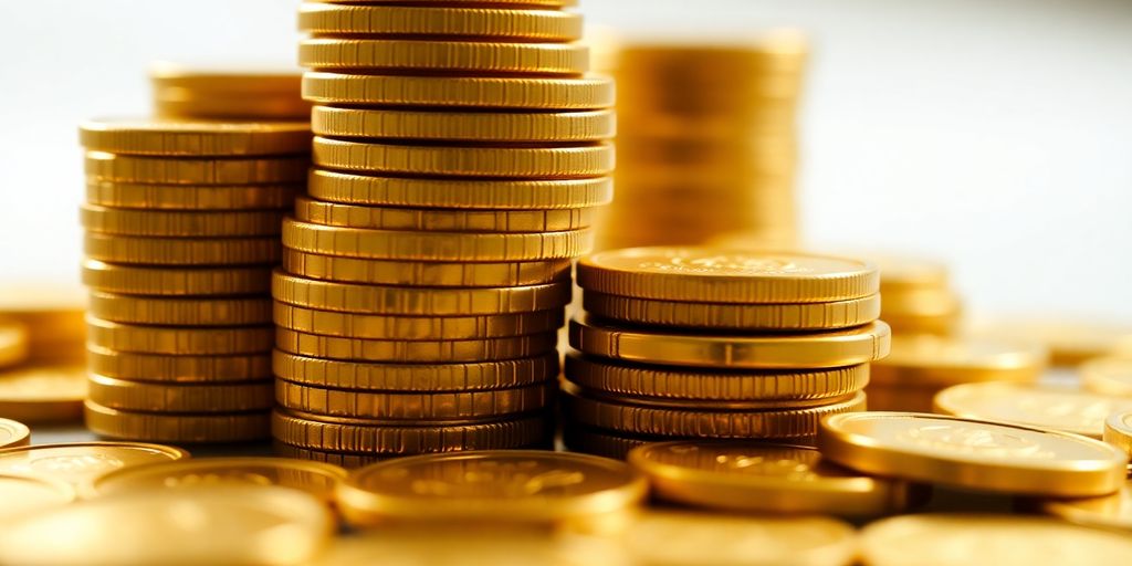 Pièces d'or empilées avec éclat sur fond flou.