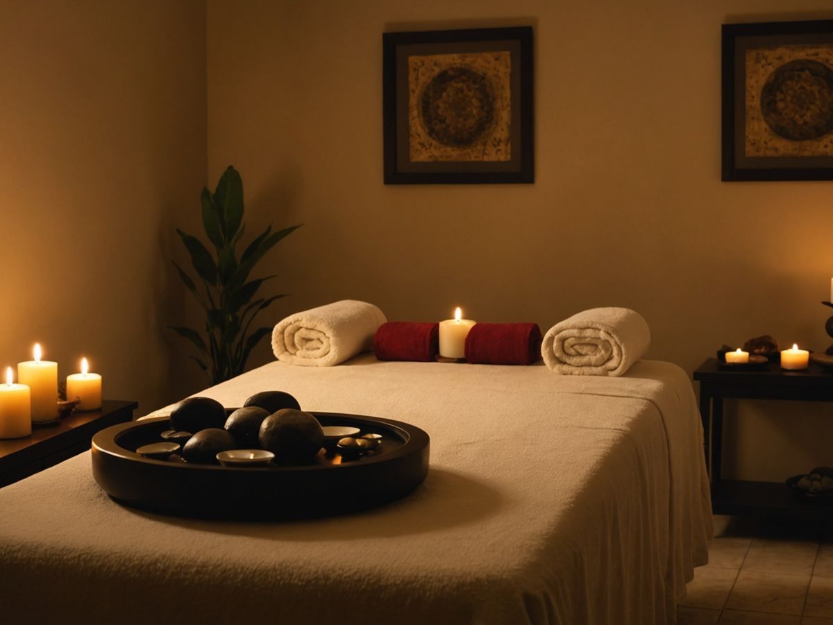 Serene spa setting with massage table and calming decor.