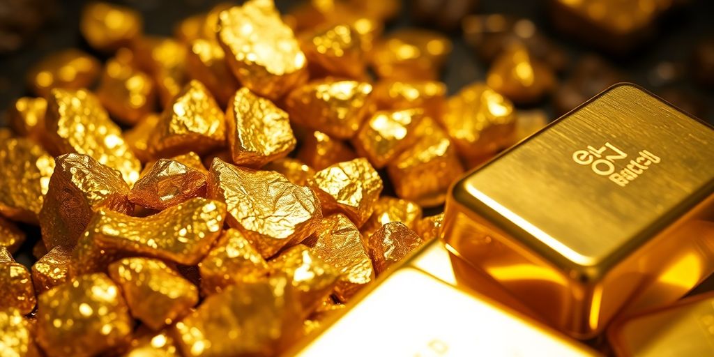 Lingots d'or brillants et pépites d'or dans une mine.