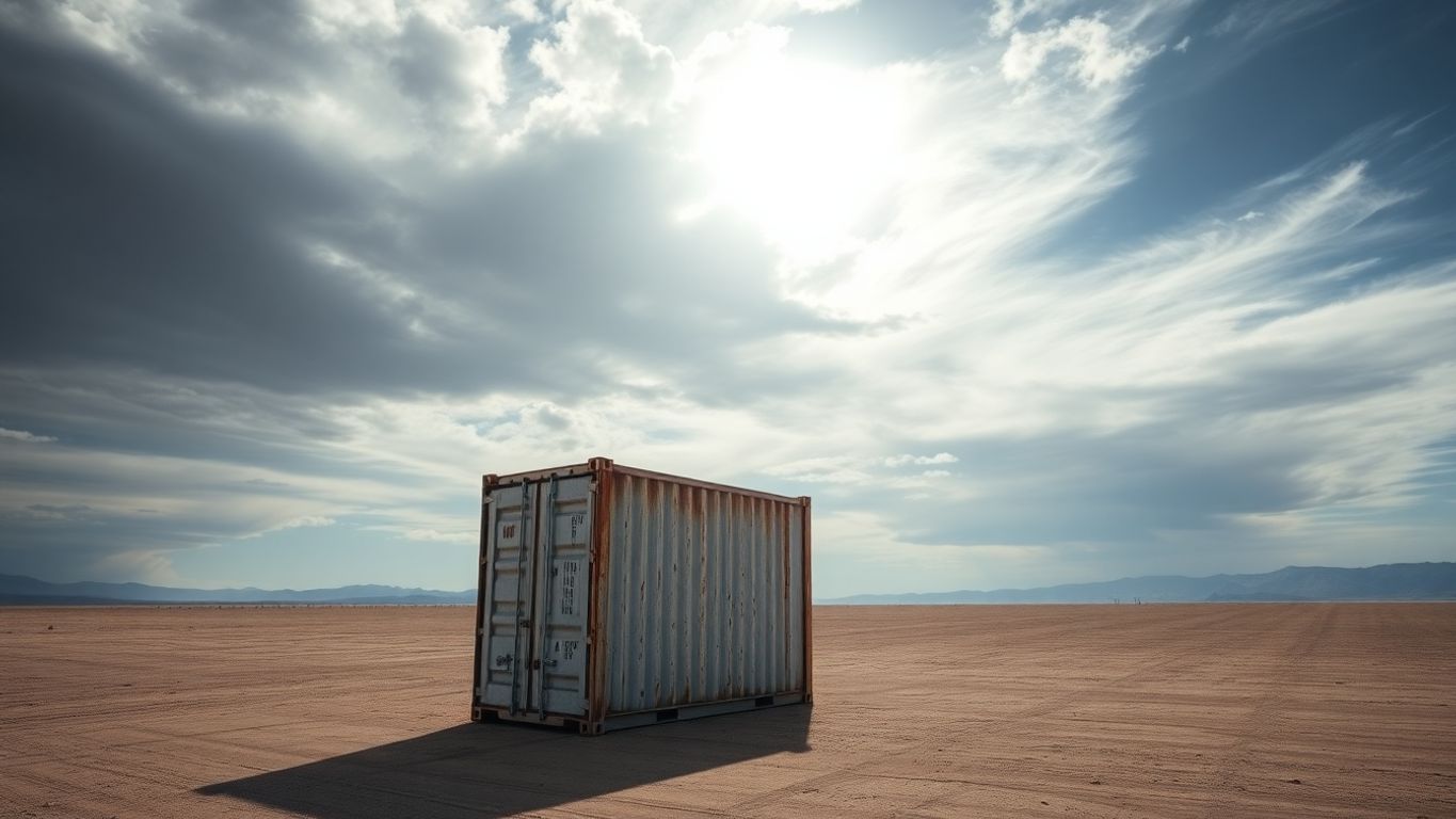 Rustic conex box sits in a desolate landscape.