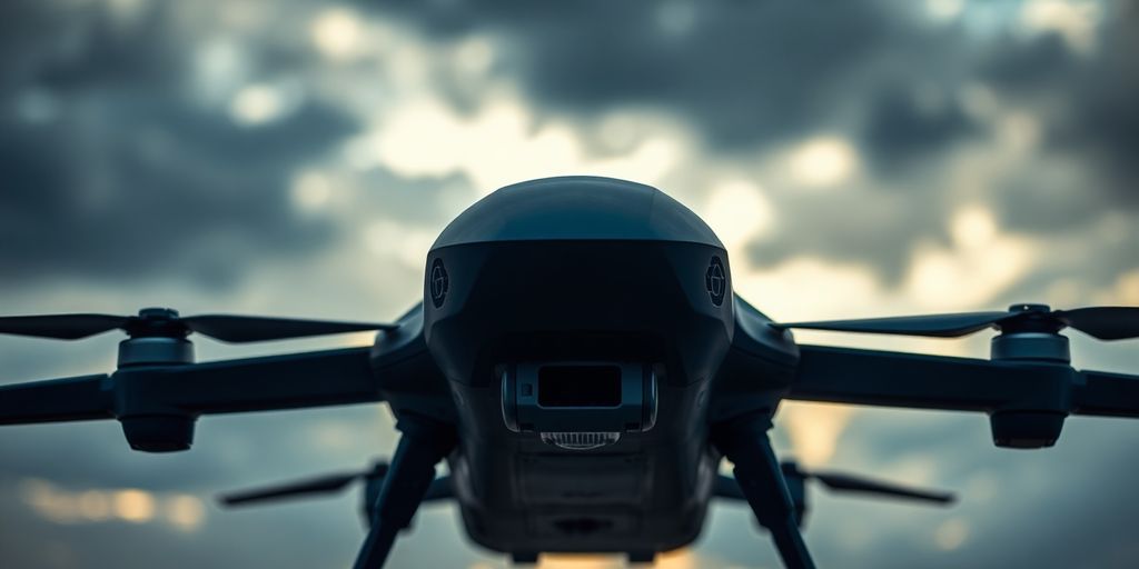Close-up of an advanced military drone in flight.
