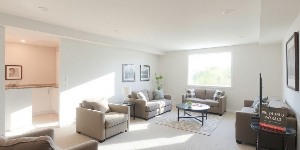 Modern basement living area with natural light.