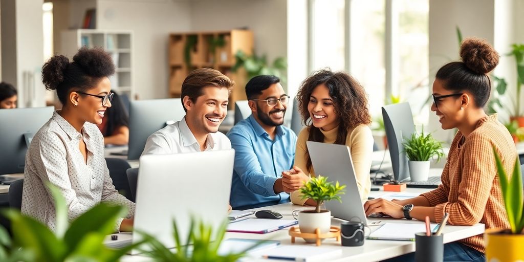 Diverse employees collaborating in a flexible office environment.