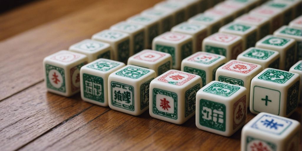 Close-up of Viewfinder Mahjong tiles on a wooden table, showcasing intricate designs and soft-focus background.