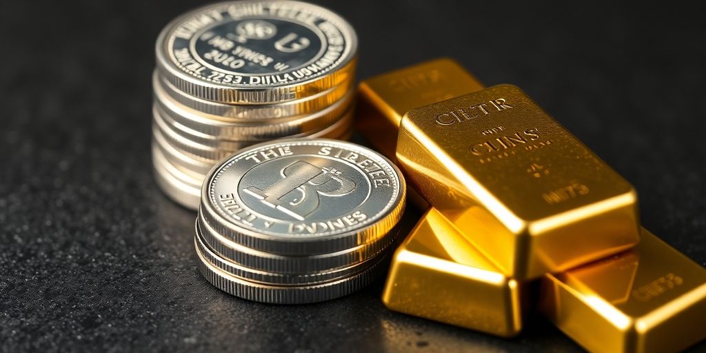 Pièces d'argent brillantes et lingots dorés
