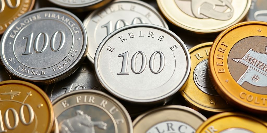 Pièces de 100 francs argent et euros côte à côte.