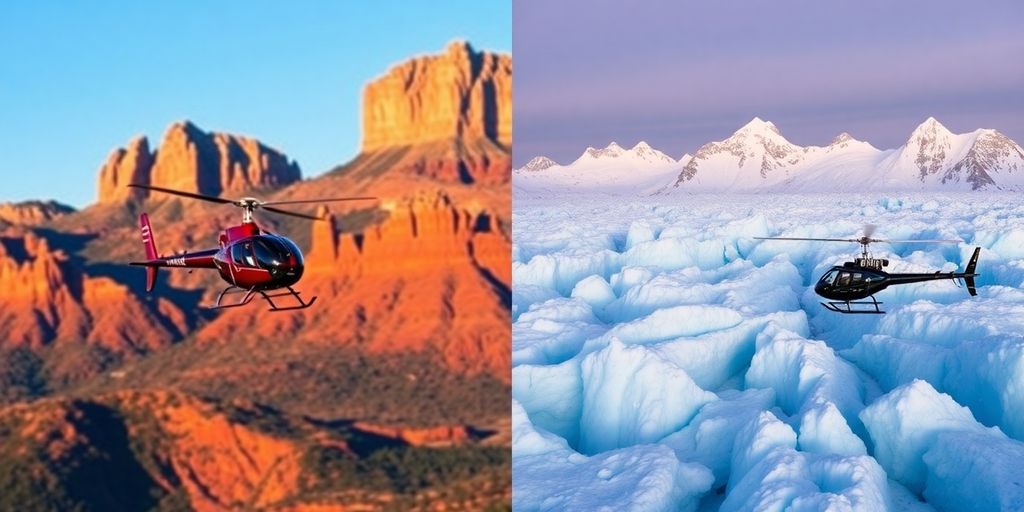 Split view of a helicopter over Sedona and Alaska.