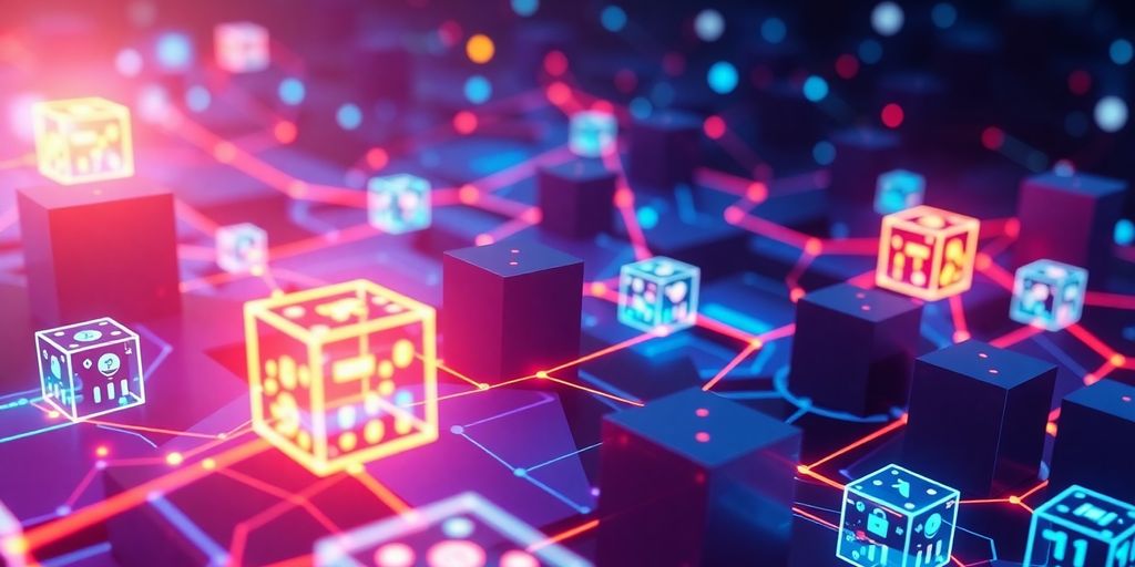Interconnected blocks in a vibrant digital landscape.