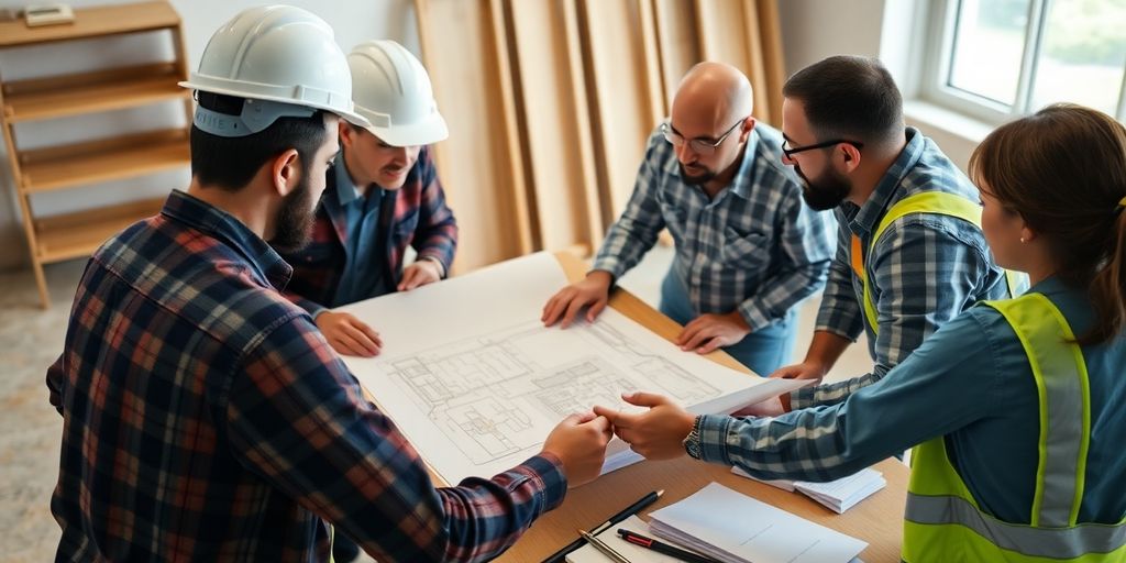 Contractors reviewing project plans and blueprints.